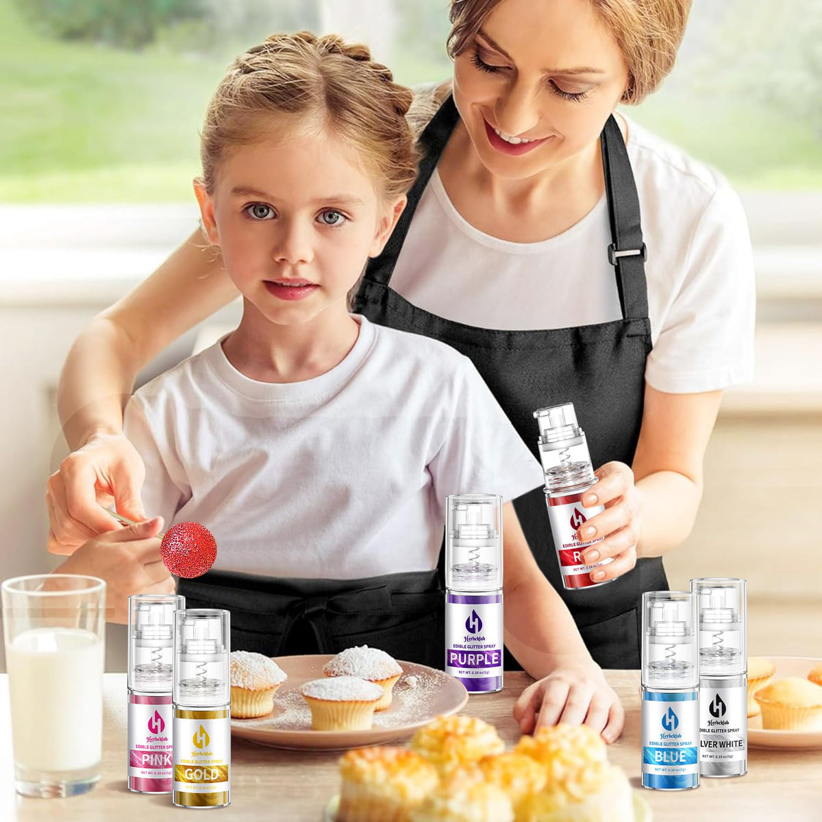 Herbeklab Edible Glitter Spray Set – 8 Colors Food Grade Glitter for Cakes, Cookies, Desserts & Drinks