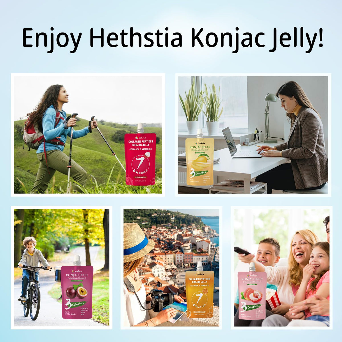 Hethstia Konjac Jelly Drinkable Pouch Variety Pack | 0 Sugar, Low Calorie, Gluten-Free | Collagen Peptides & Vitamin C | 10 Pouches (Lychee, Mango, Peach, Orange, Passion Fruit)