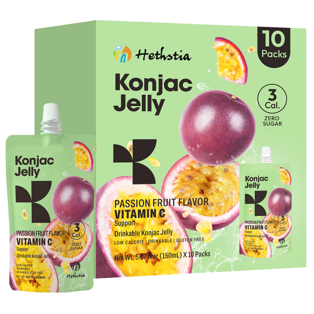 Hethstia Konjac Jelly Passion Fruit – 10 Pouches | 3 Calories, Sugar-Free, Keto & Vegan