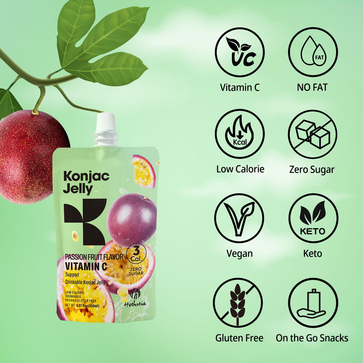 Hethstia Konjac Jelly Passion Fruit – 10 Pouches | 3 Calories, Sugar-Free, Keto & Vegan