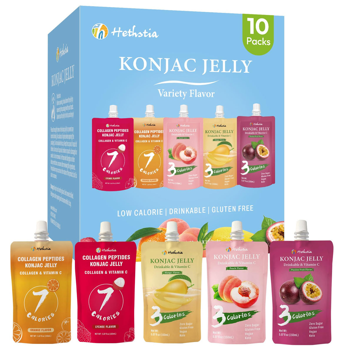 Hethstia Konjac Jelly Drinkable Pouch Variety Pack | 0 Sugar, Low Calorie, Gluten-Free | Collagen Peptides & Vitamin C | 10 Pouches (Lychee, Mango, Peach, Orange, Passion Fruit)