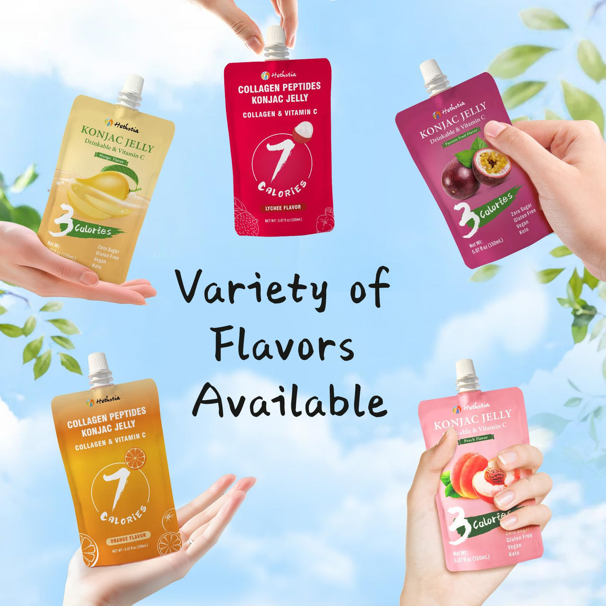 Hethstia Konjac Jelly Drinkable Pouch Variety Pack | 0 Sugar, Low Calorie, Gluten-Free | Collagen Peptides & Vitamin C | 10 Pouches (Lychee, Mango, Peach, Orange, Passion Fruit)