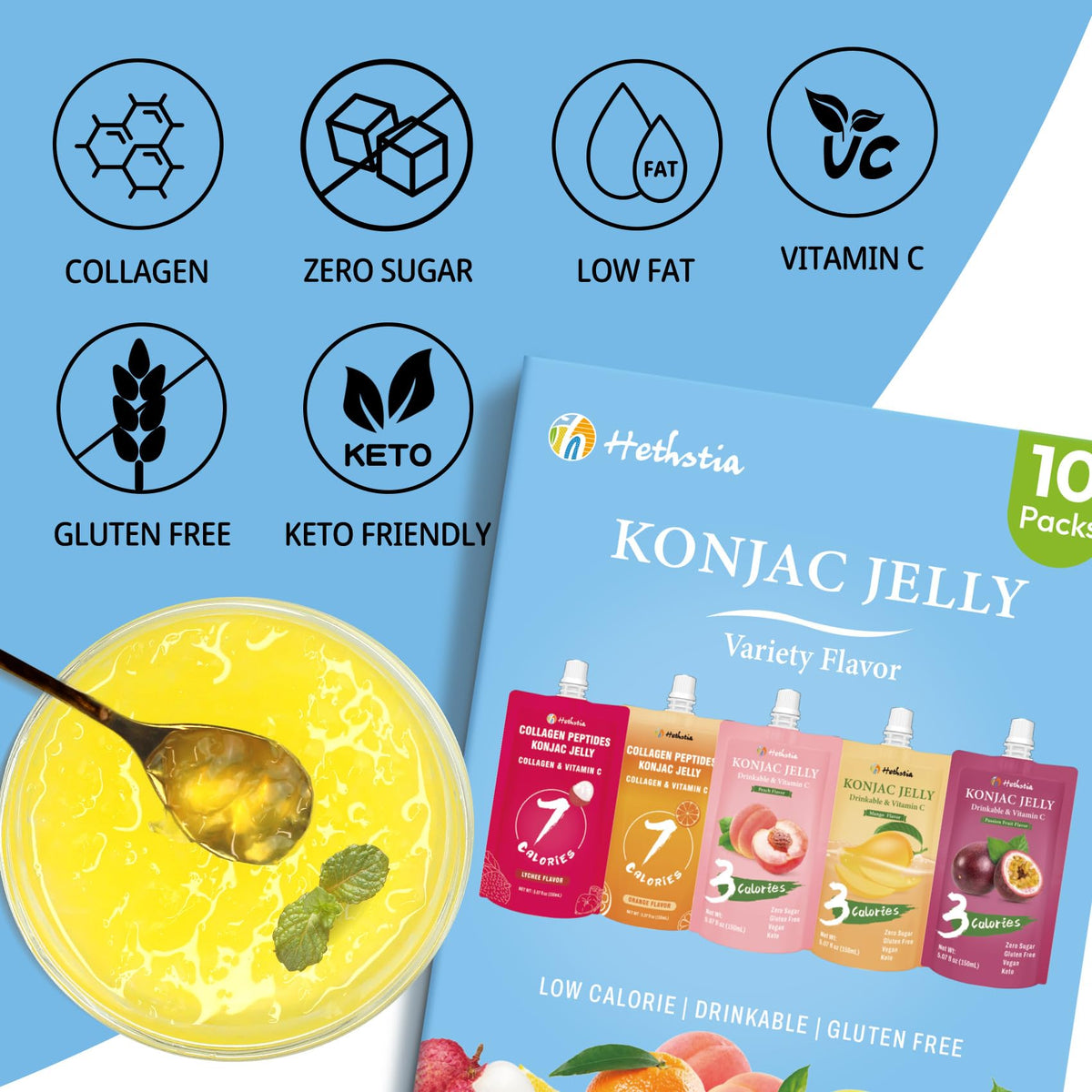 Hethstia Konjac Jelly Drinkable Pouch Variety Pack | 0 Sugar, Low Calorie, Gluten-Free | Collagen Peptides & Vitamin C | 10 Pouches (Lychee, Mango, Peach, Orange, Passion Fruit)