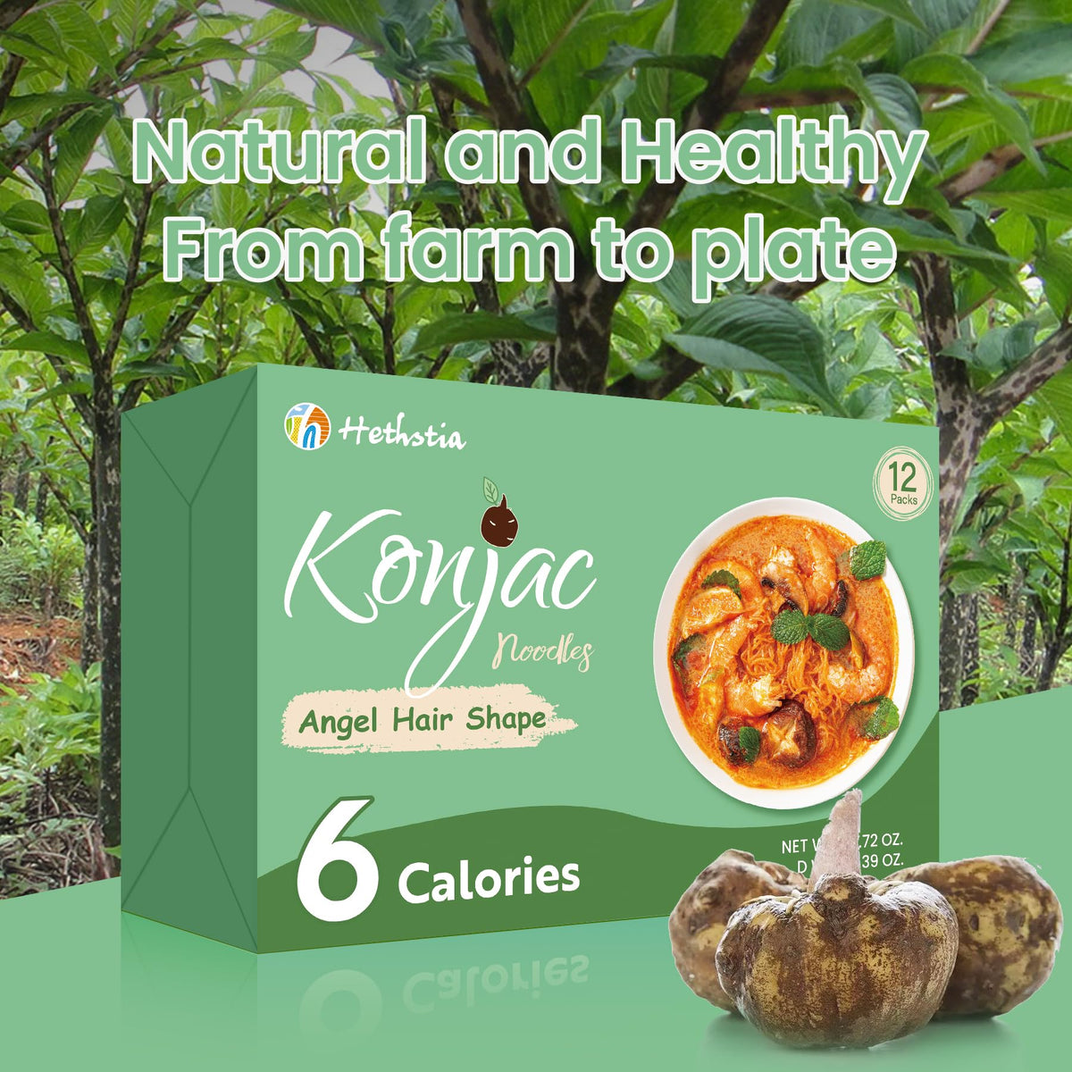 Hethstia Konjac Noodles Angel Hair – 12 Pack Shirataki Noodles, Low Carb, Gluten-Free, Vegan