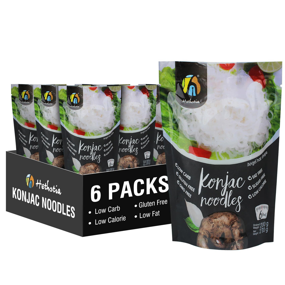 Hethstia Konjac Noodles Angel Hair – 6-Pack Shirataki Noodles, Low Calorie, Gluten-Free & Keto Friendly