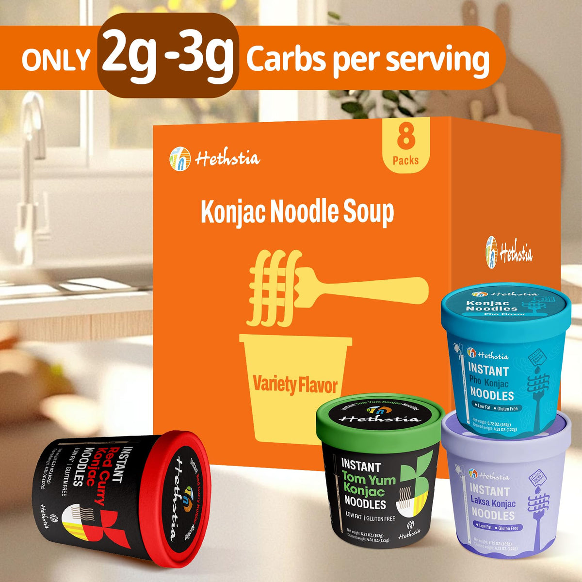Hethstia Konjac Noodles Cup 8-Flavor Variety Pack: Pho, Tom Yum, Red Curry, Laksa