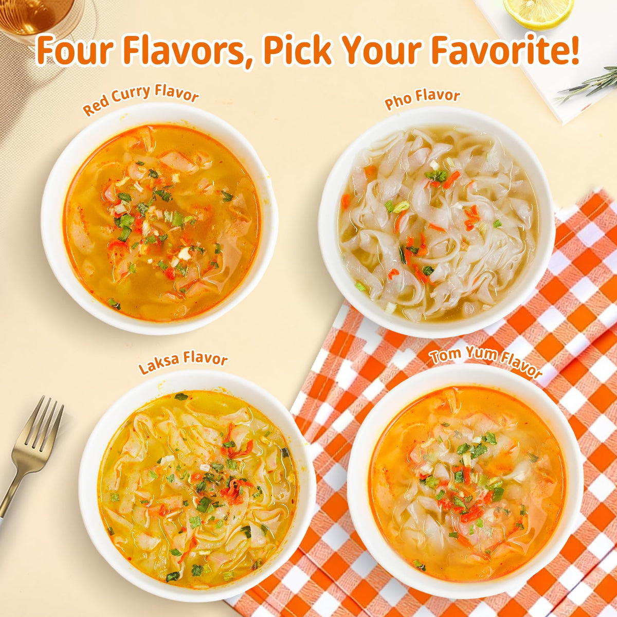 Hethstia Konjac Noodles Cup 8-Flavor Variety Pack: Pho, Tom Yum, Red Curry, Laksa