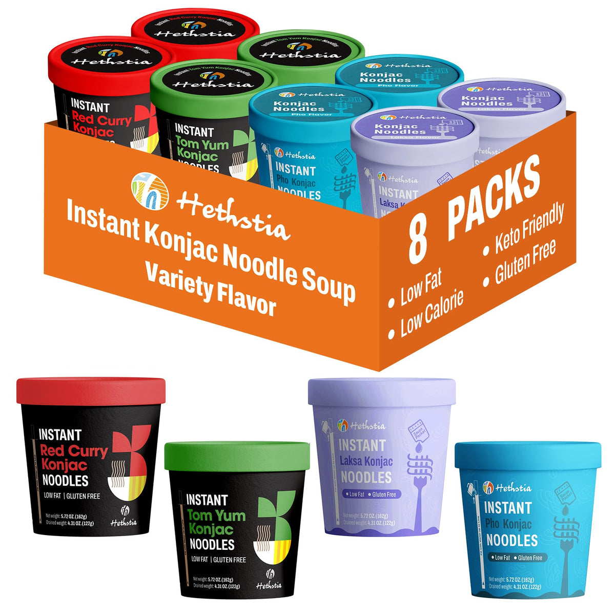 Hethstia Konjac Noodles Cup 8-Flavor Variety Pack: Pho, Tom Yum, Red Curry, Laksa