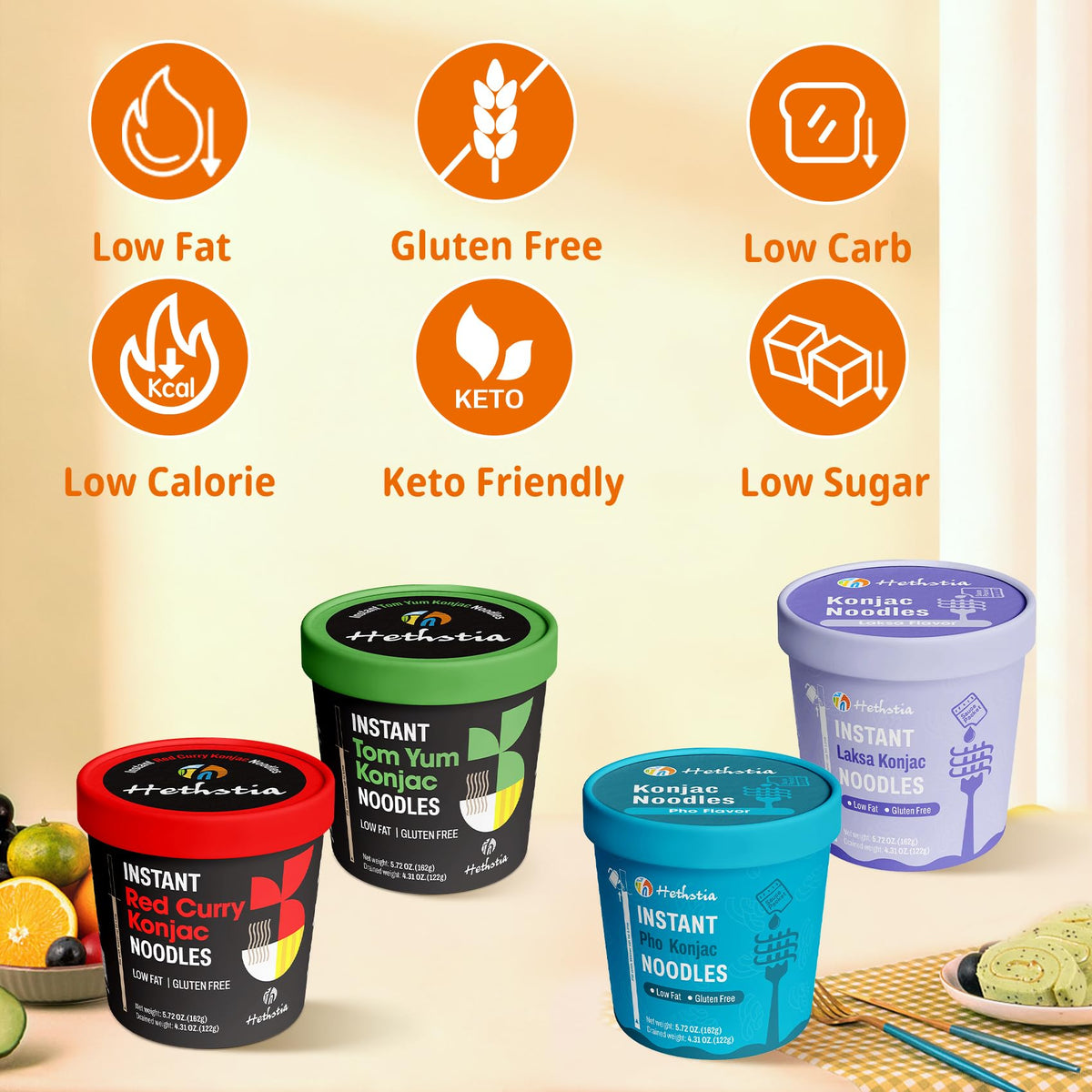 Hethstia Konjac Noodles Cup 8-Flavor Variety Pack: Pho, Tom Yum, Red Curry, Laksa