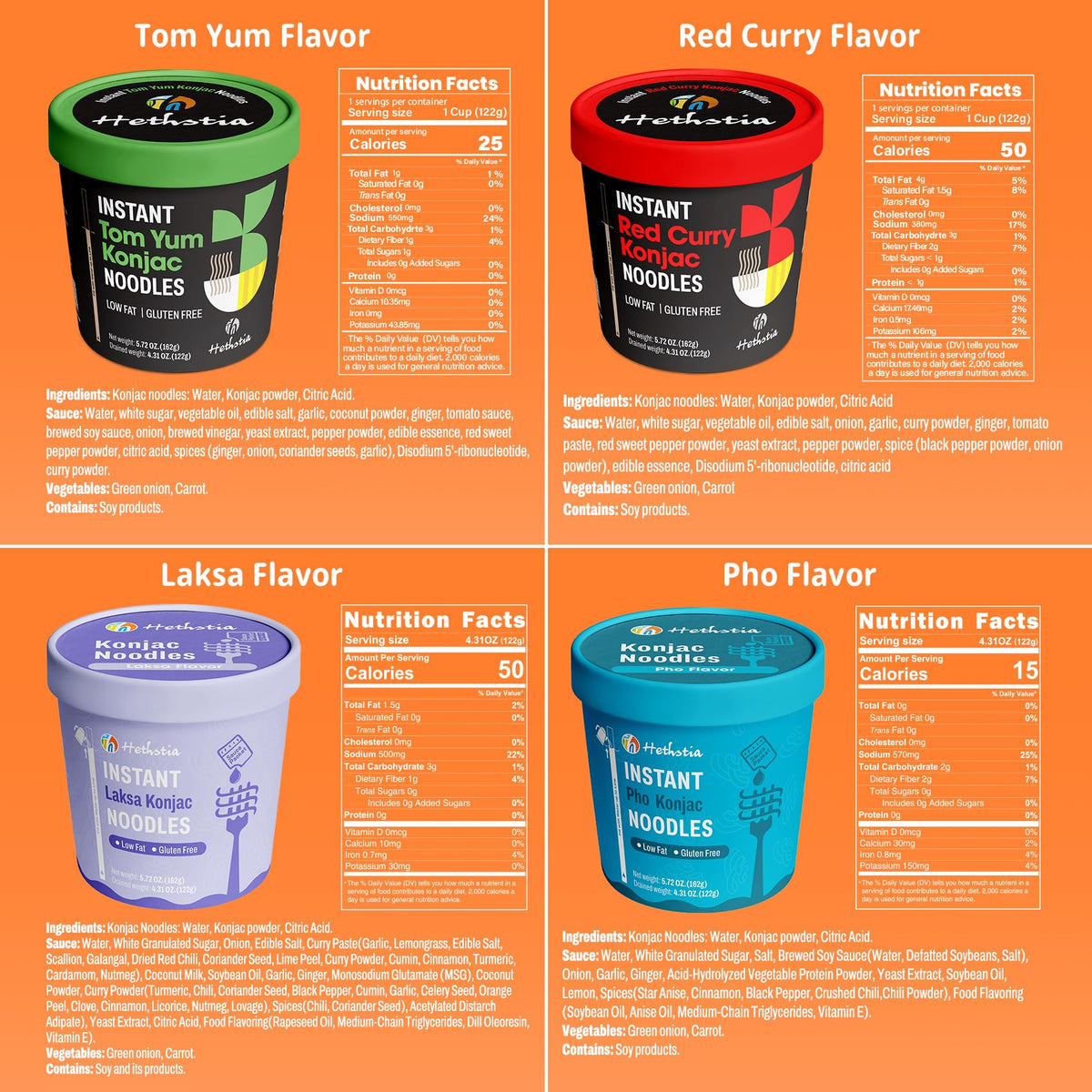 Hethstia Konjac Noodles Cup 8-Flavor Variety Pack: Pho, Tom Yum, Red Curry, Laksa