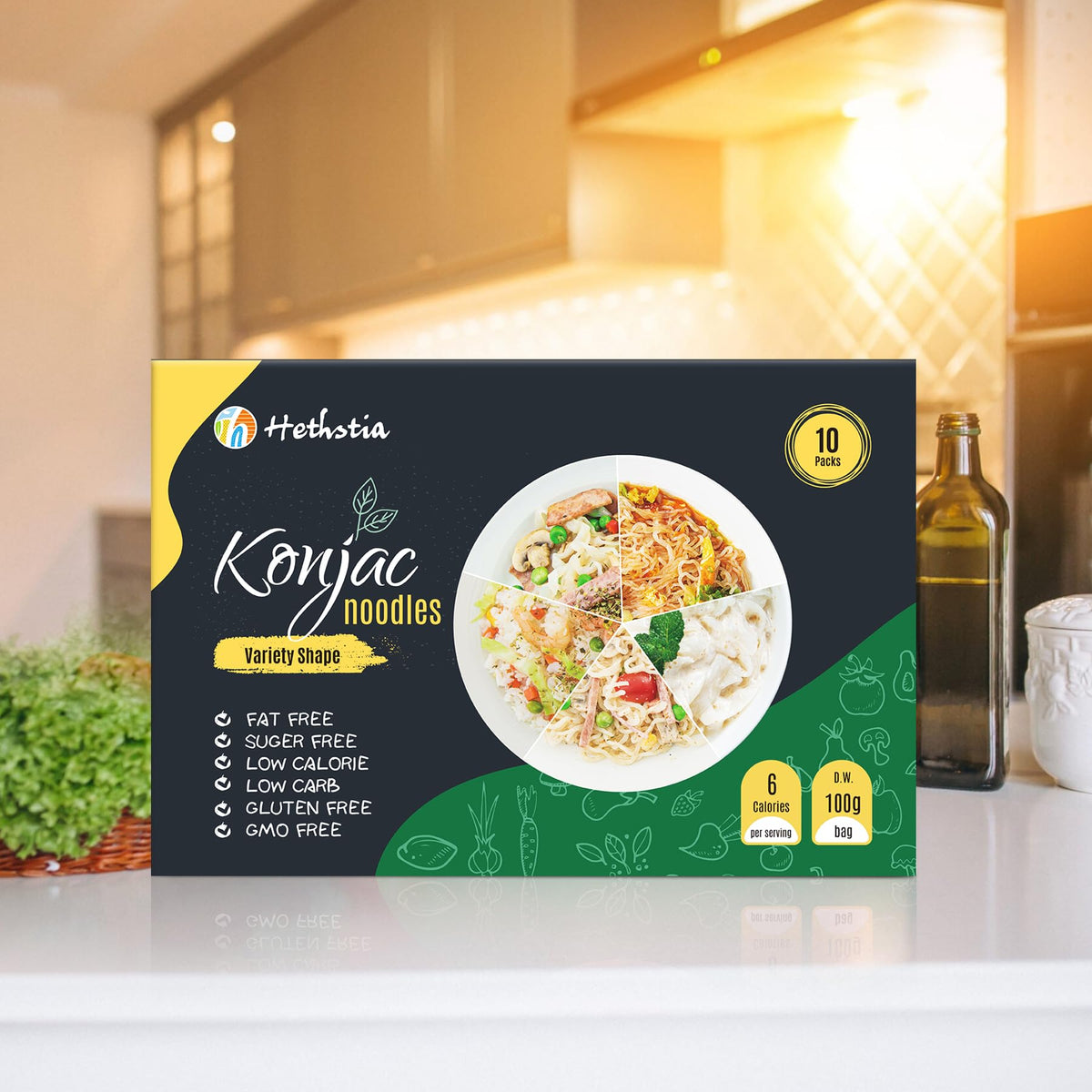 Hethstia Konjac Noodle Variety Pack – 10-Pack Low Carb Shirataki Noodles (Spaghetti, Fettuccine, Rice, Pho, Angel Hair)