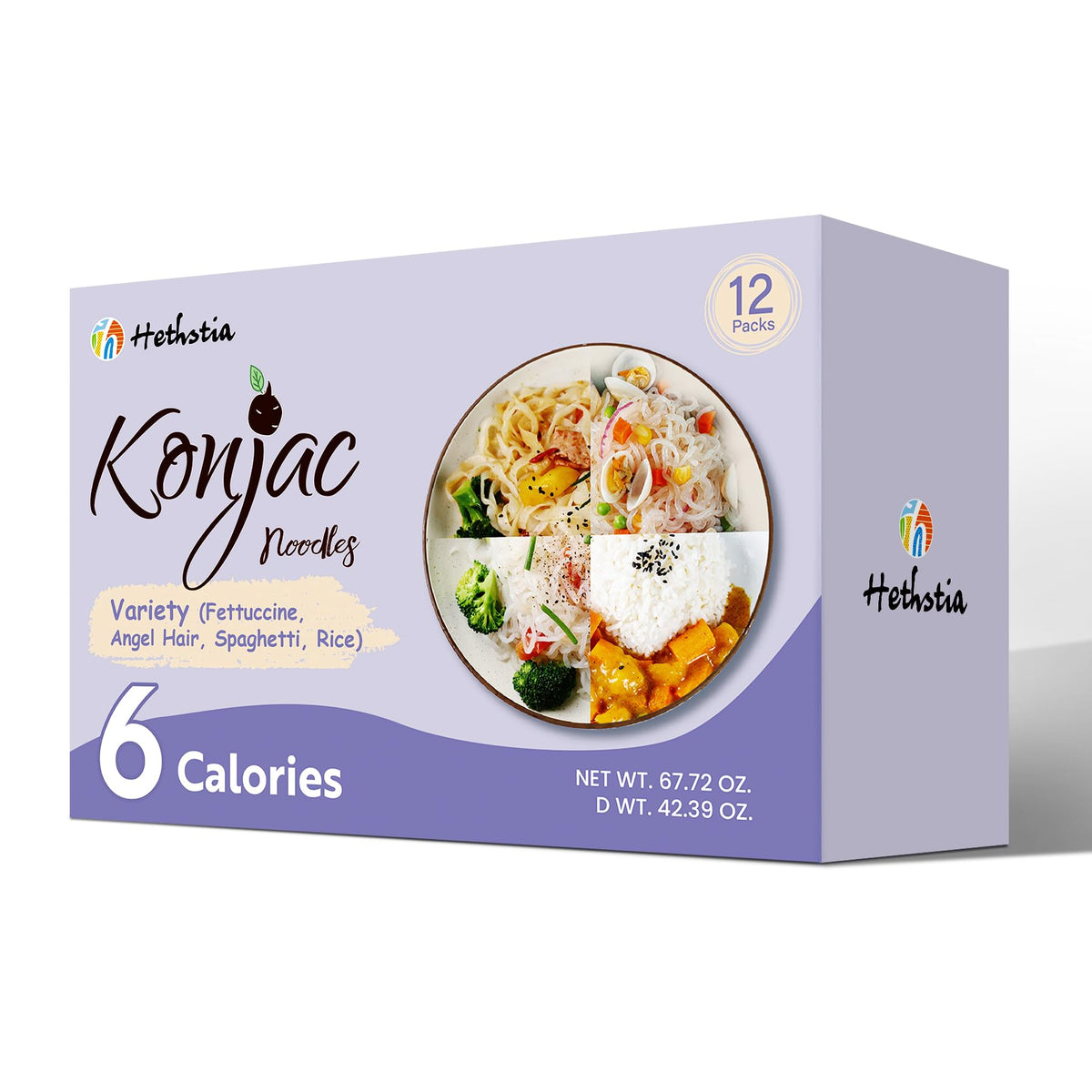 Hethstia Konjac Noodles Variety Pack | 12 Pack Shirataki Noodles – Spaghetti, Fettuccine, Angel Hair, Rice
