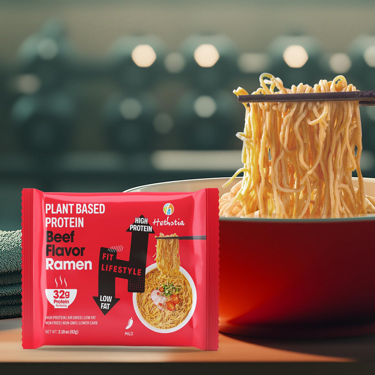 Hethstia Protein Ramen Spicy Beef Flavor – 6-Pack, Plant-Based Protein, Vegan, Non-GMO, Low Fat