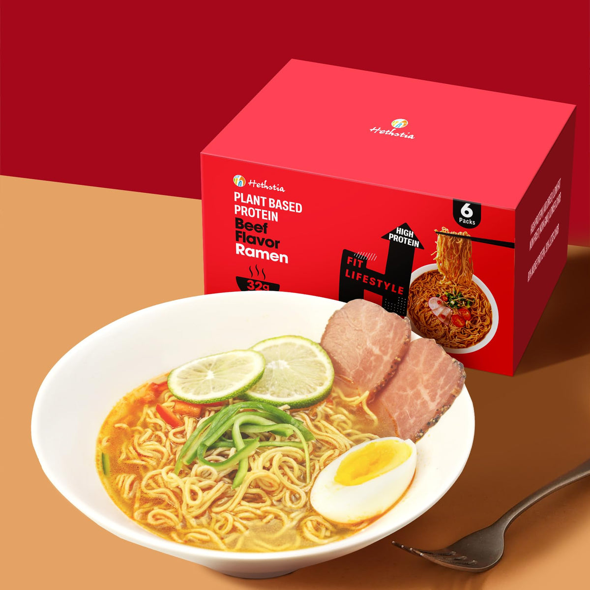 Hethstia Protein Ramen Spicy Beef Flavor – 6-Pack, Plant-Based Protein, Vegan, Non-GMO, Low Fat