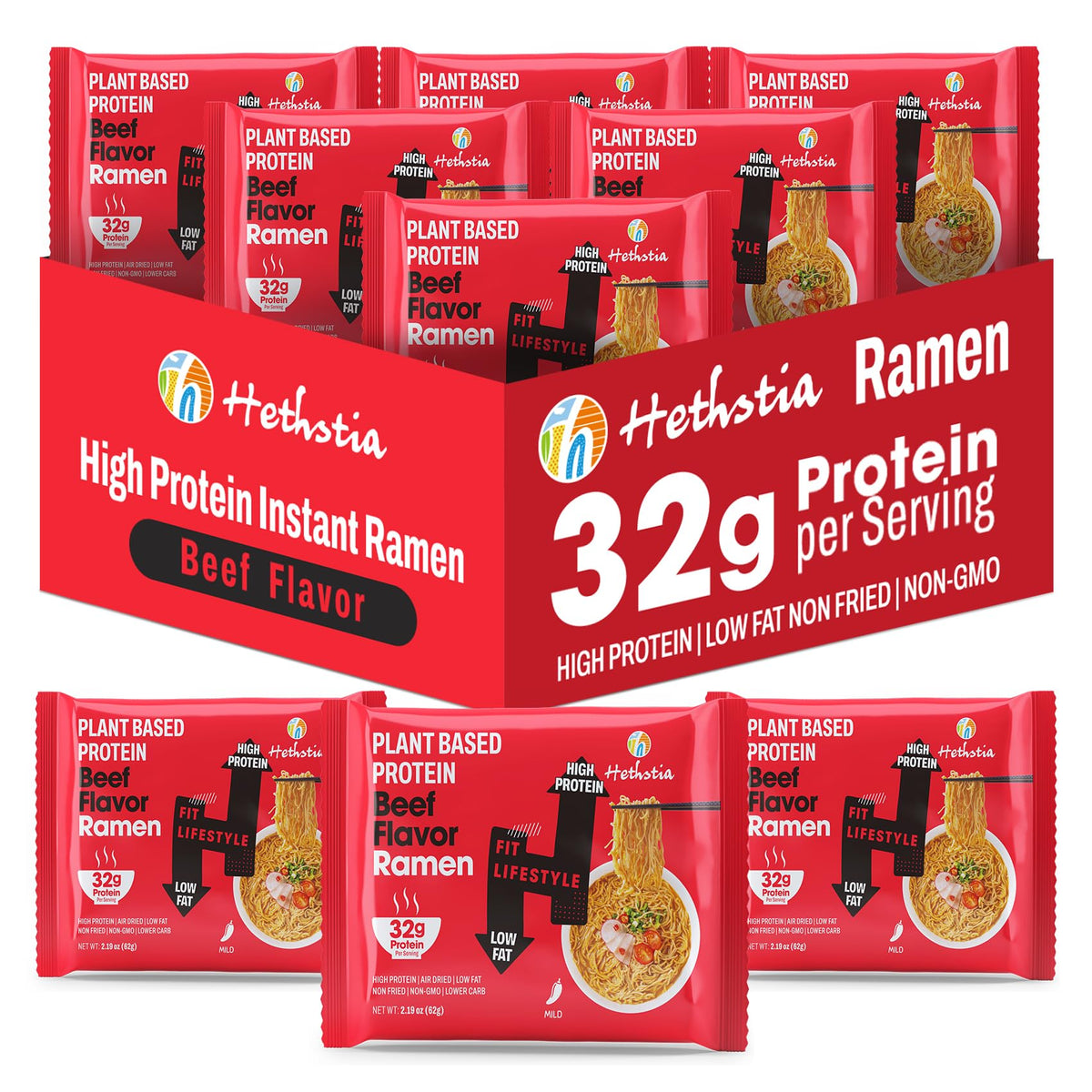 Hethstia Protein Ramen Spicy Beef Flavor – 6-Pack, Plant-Based Protein, Vegan, Non-GMO, Low Fat