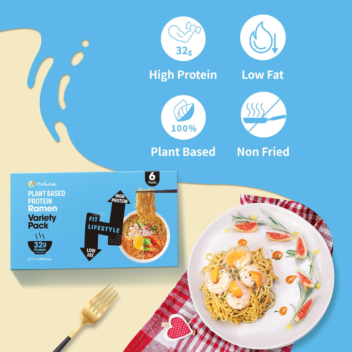 Hethstia High-Protein Ramen Variety Pack (6-Pack) – 32g Plant-Based Protein, Vegan, Non-GMO