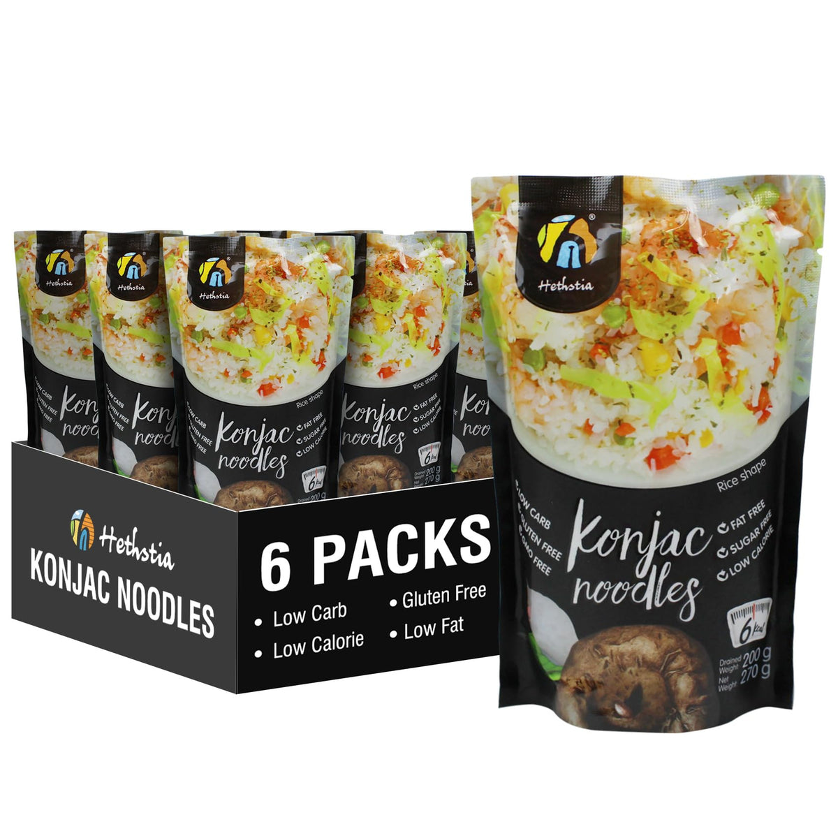 Hethstia Shirataki Rice - 6-Pack Low-Carb Konjac Rice, Keto, Gluten-Free, Vegan, Ready-to-Eat