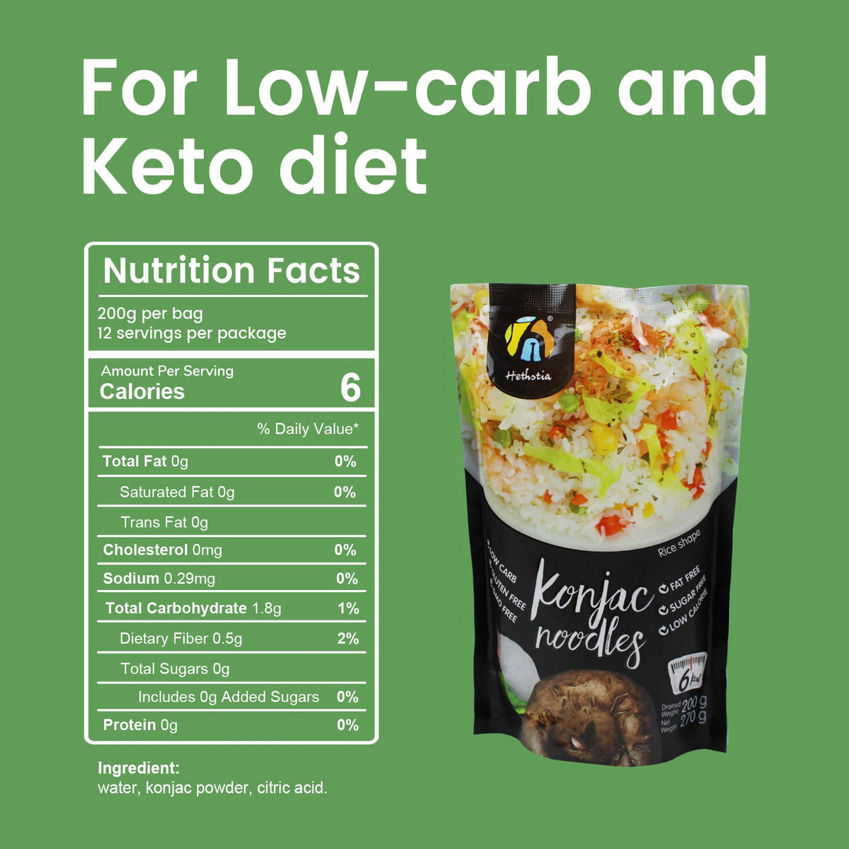 Hethstia Shirataki Rice - 6-Pack Low-Carb Konjac Rice, Keto, Gluten-Free, Vegan, Ready-to-Eat