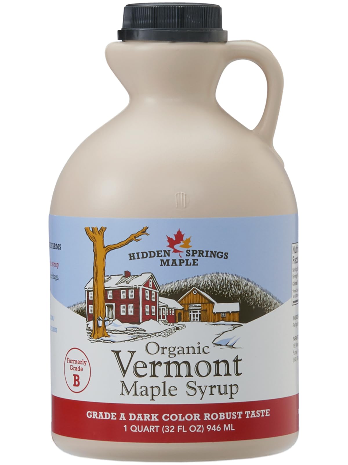 Hidden Springs Maple Organic Vermont Maple Syrup, Dark Robust, 32 oz (BPA-Free Jug)
