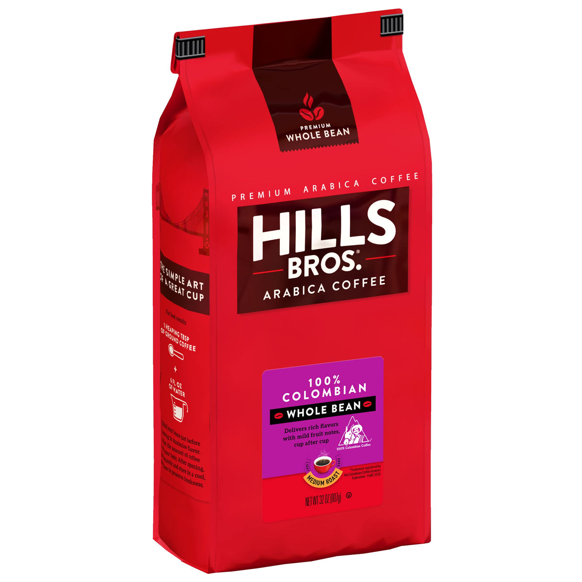 Hills Bros. Colombian Whole Bean Coffee – Rich Medium Roast Arabica, Kosher – 32oz