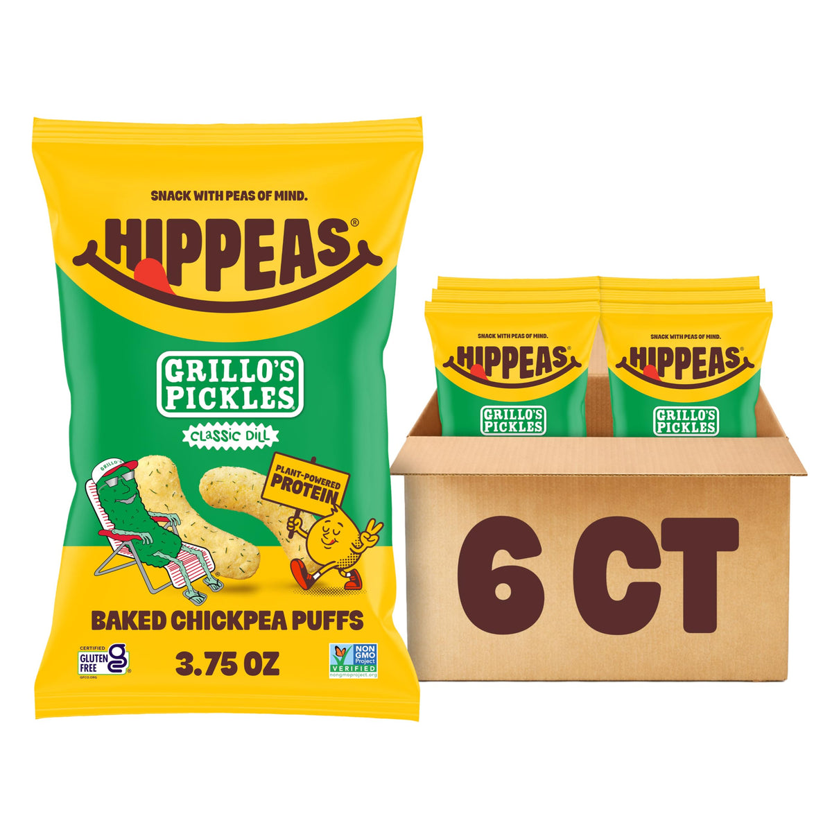 Hippeas Chickpea Puffs Grillo's Dill Pickle 3.75oz Pack of 6 | 3g Protein, 2g Fiber, Vegan, Gluten-Free