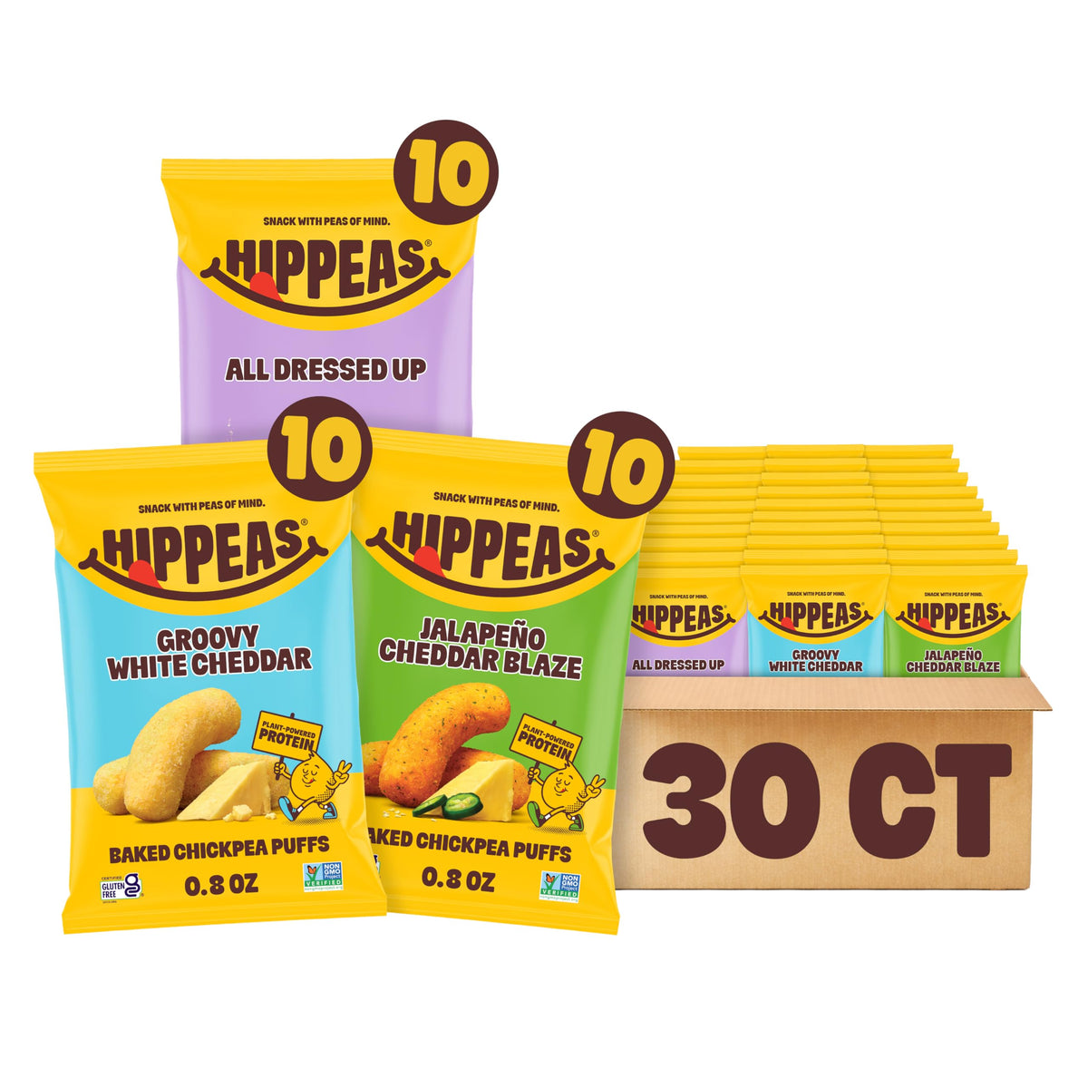 HIPPEAS Chickpea Puffs Variety Pack – Vegan White Cheddar & Nacho Vibes, 30 x 0.8 oz, 3g Protein, 2g Fiber, Gluten-Free