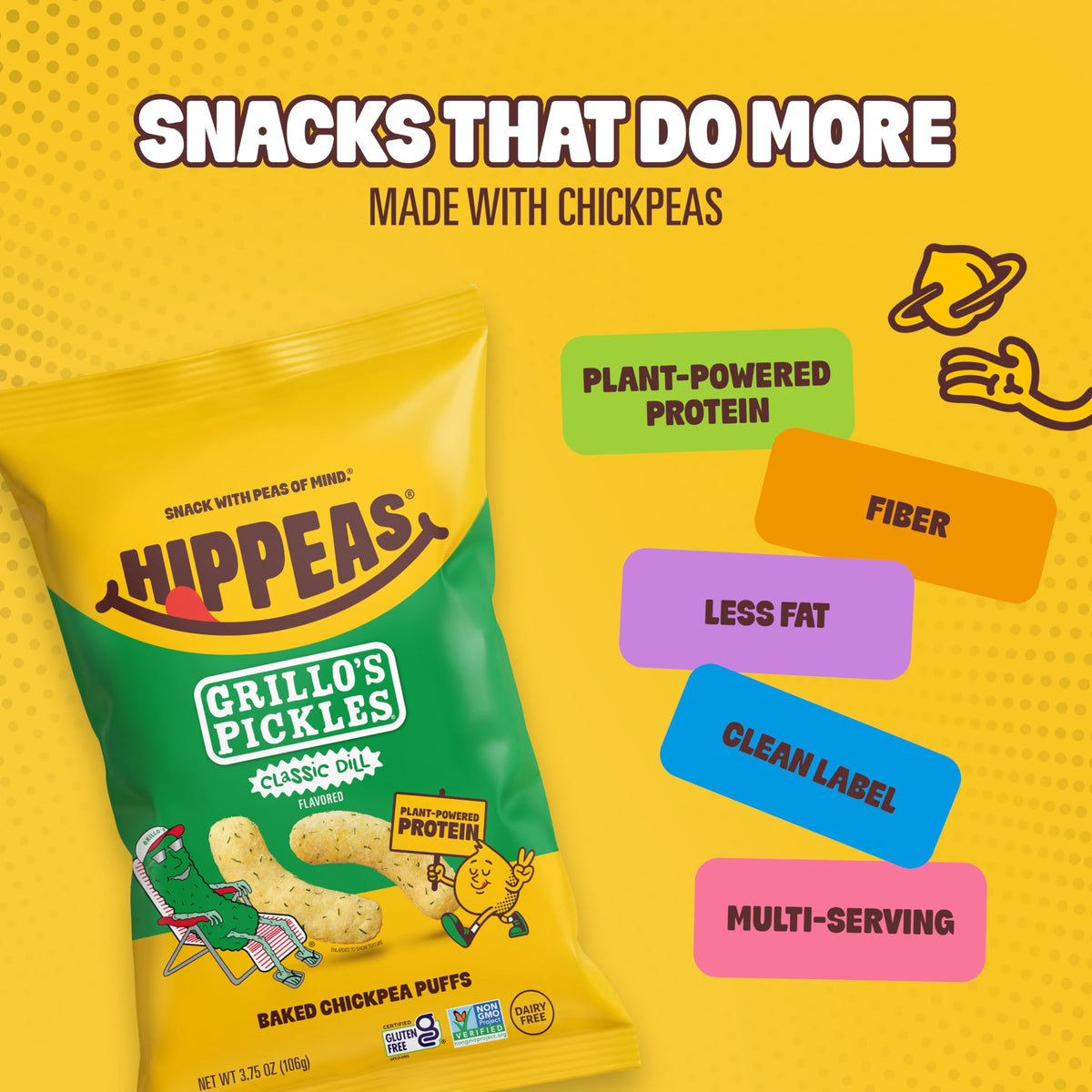 Hippeas Chickpea Puffs Grillo's Dill Pickle 3.75oz Pack of 6 | 3g Protein, 2g Fiber, Vegan, Gluten-Free