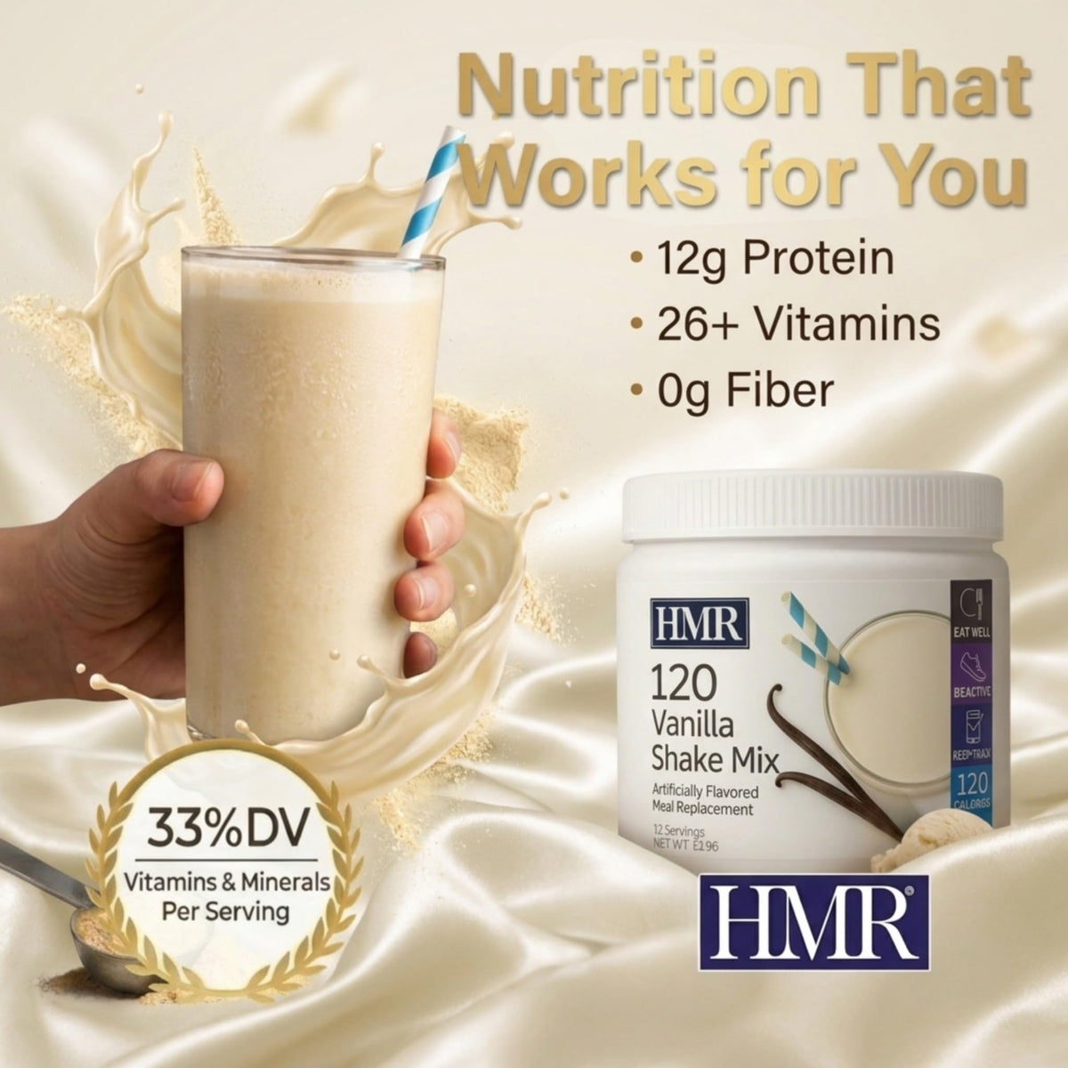 HMR 120 Vanilla Shake Meal Replacement Powder — 12 Servings, 120 Calories, 12g Protein, 13.55 oz