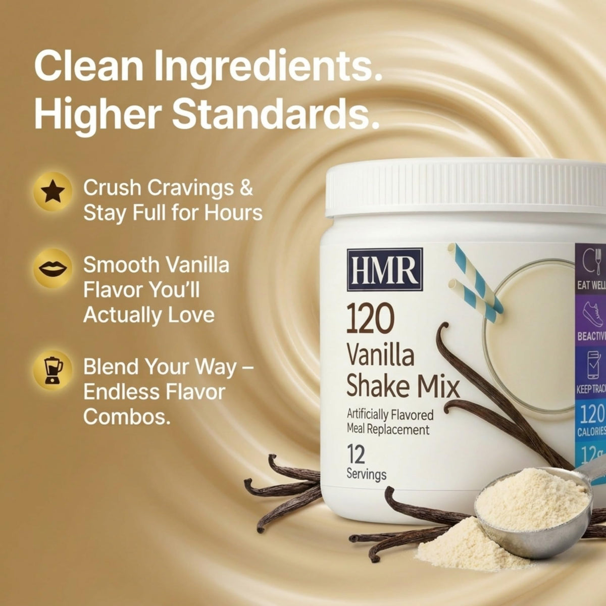 HMR 120 Vanilla Shake Meal Replacement Powder — 12 Servings, 120 Calories, 12g Protein, 13.55 oz