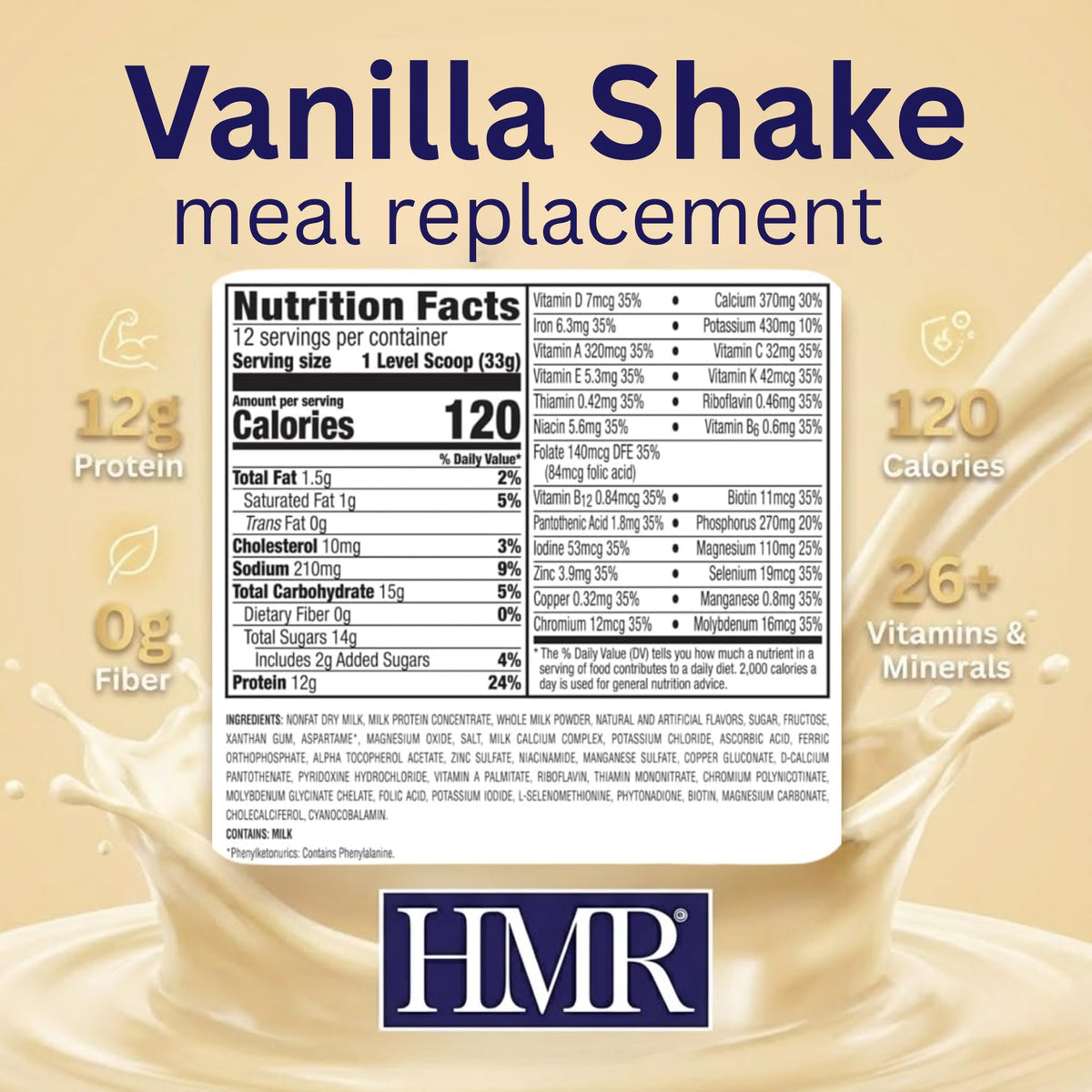 HMR 120 Vanilla Shake Meal Replacement Powder — 12 Servings, 120 Calories, 12g Protein, 13.55 oz