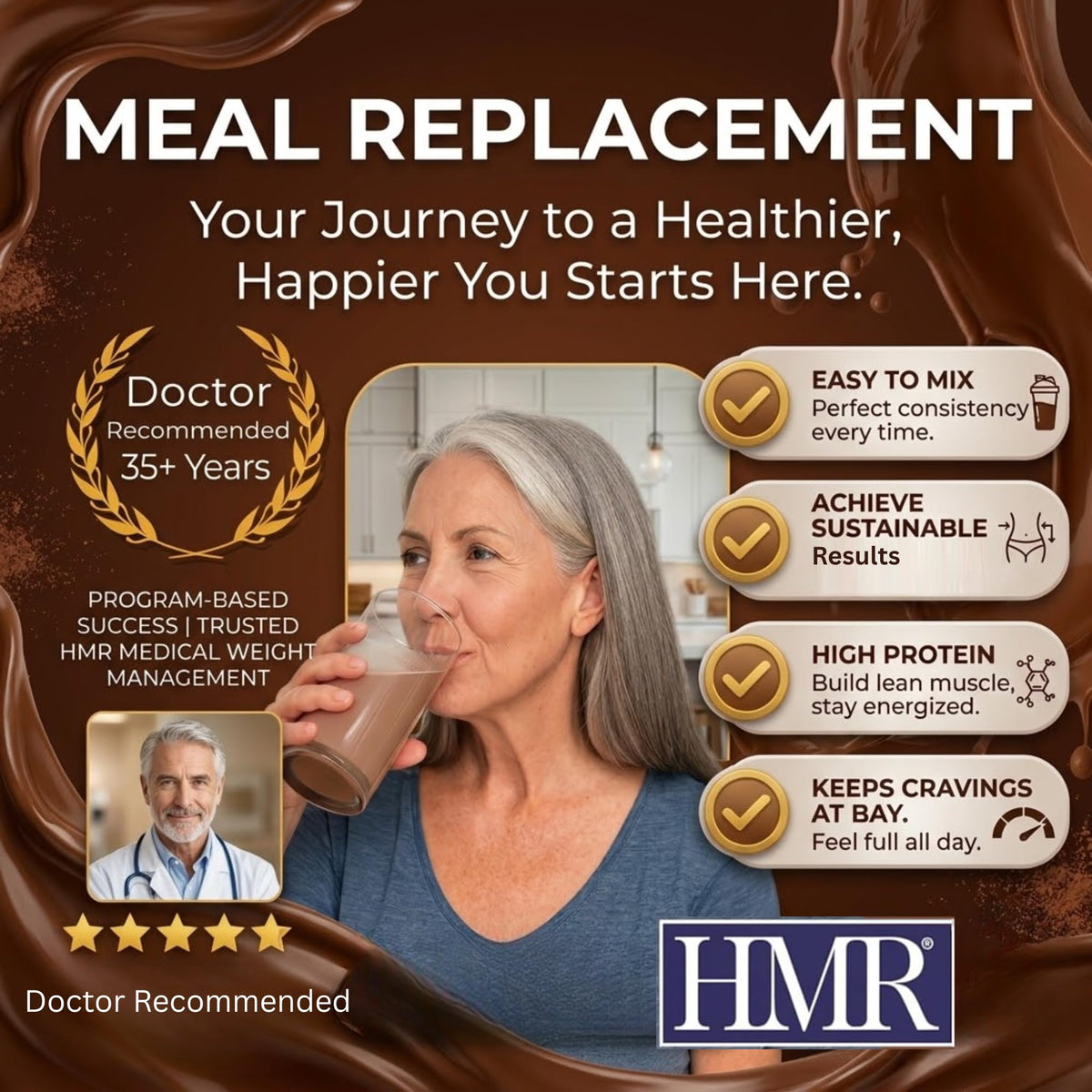 HMR 70 Plus Chocolate Shake & Pudding Mix – Lactose-Free, 15g Protein, Low Calorie