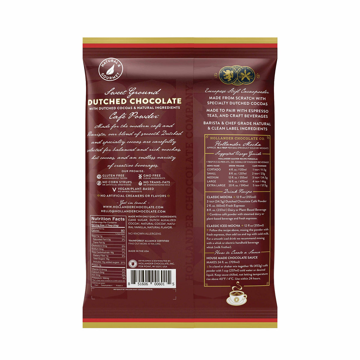 Hollander Sweet Ground Dutched Chocolate Powder 2.5lb – Clean Label & Rainforest Alliance