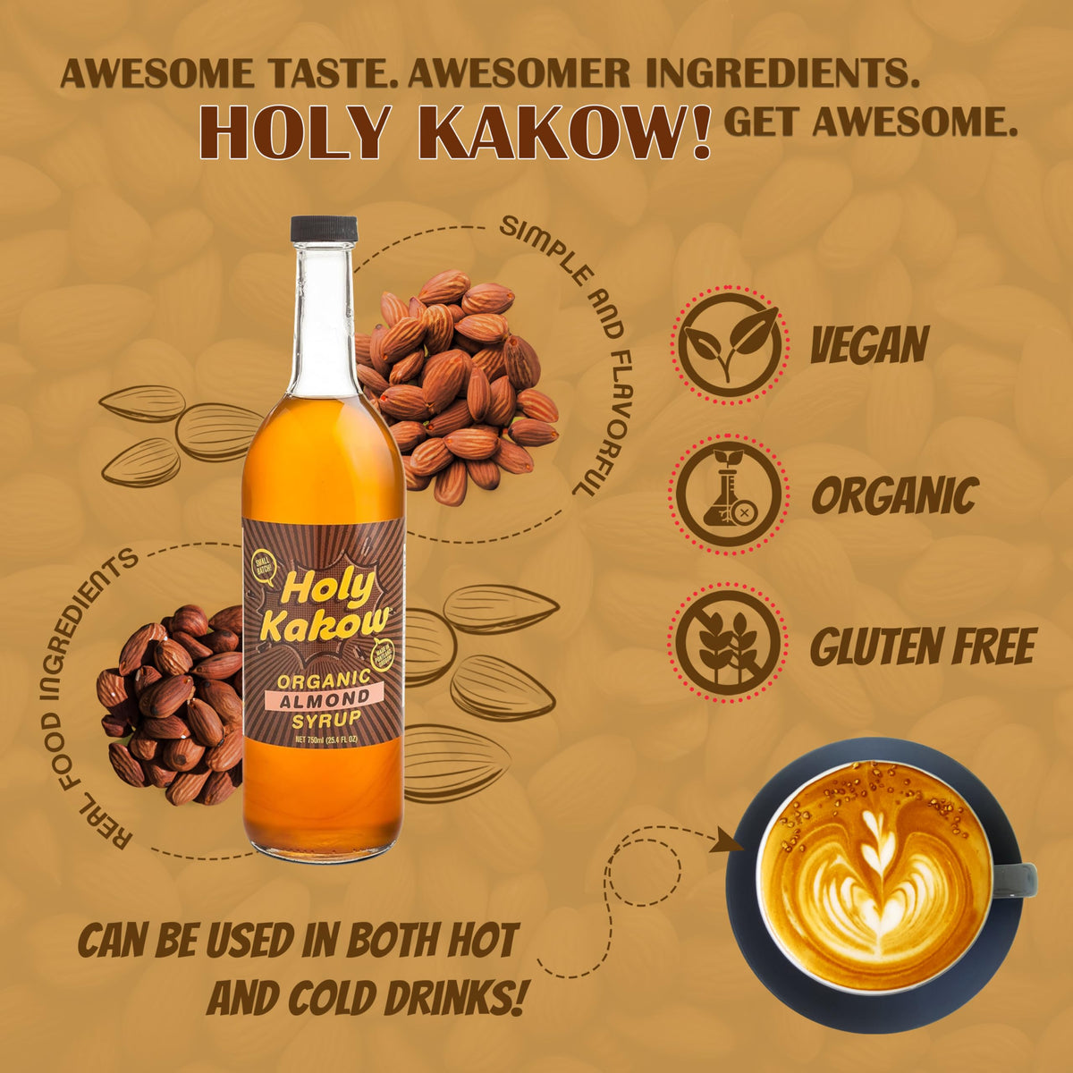 Holy Kakow Cafe Organic Almond Syrup - 750ml | Organic Coffee Syrup for Lattes & Cocktails