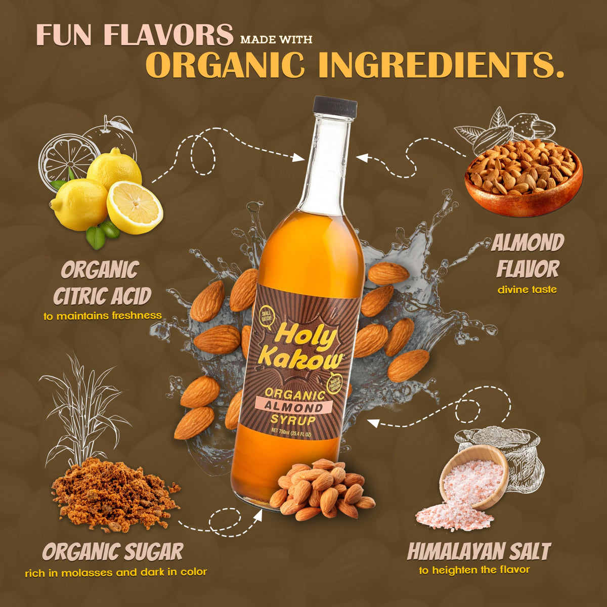 Holy Kakow Cafe Organic Almond Syrup - 750ml | Organic Coffee Syrup for Lattes & Cocktails