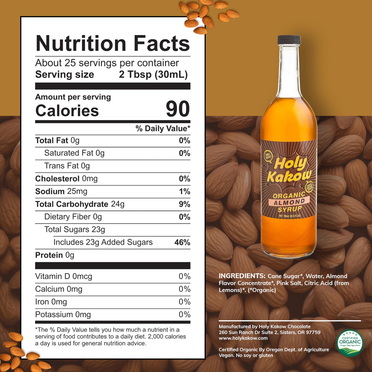 Holy Kakow Cafe Organic Almond Syrup - 750ml | Organic Coffee Syrup for Lattes & Cocktails