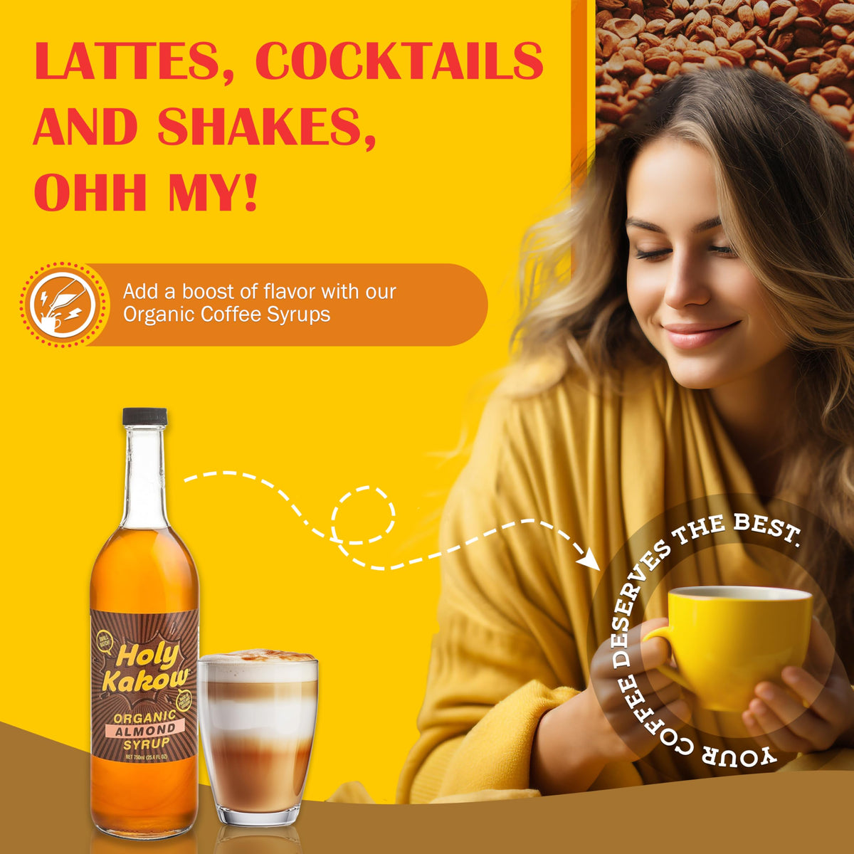 Holy Kakow Cafe Organic Almond Syrup - 750ml | Organic Coffee Syrup for Lattes & Cocktails