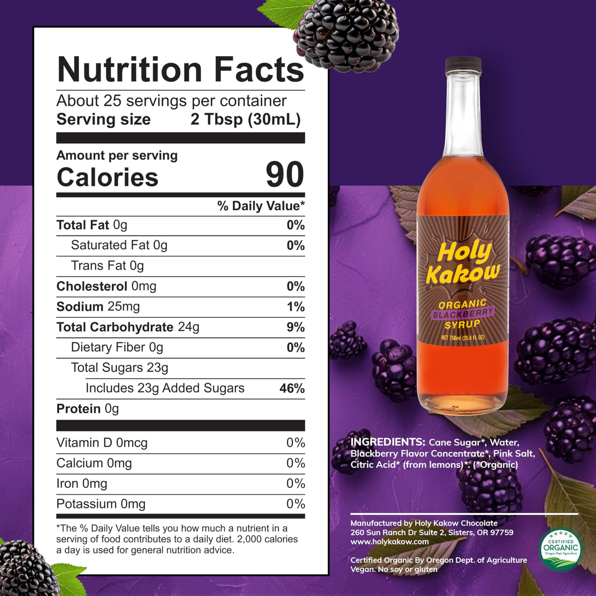 Holy Kakow Cafe Organic Blackberry Syrup - Real Food Coffee Syrup for Coffee, Latte & Cocktails, 750ml