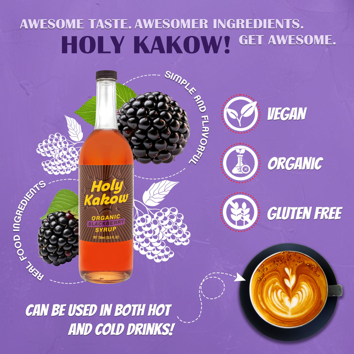 Holy Kakow Cafe Organic Blackberry Syrup - Real Food Coffee Syrup for Coffee, Latte & Cocktails, 750ml