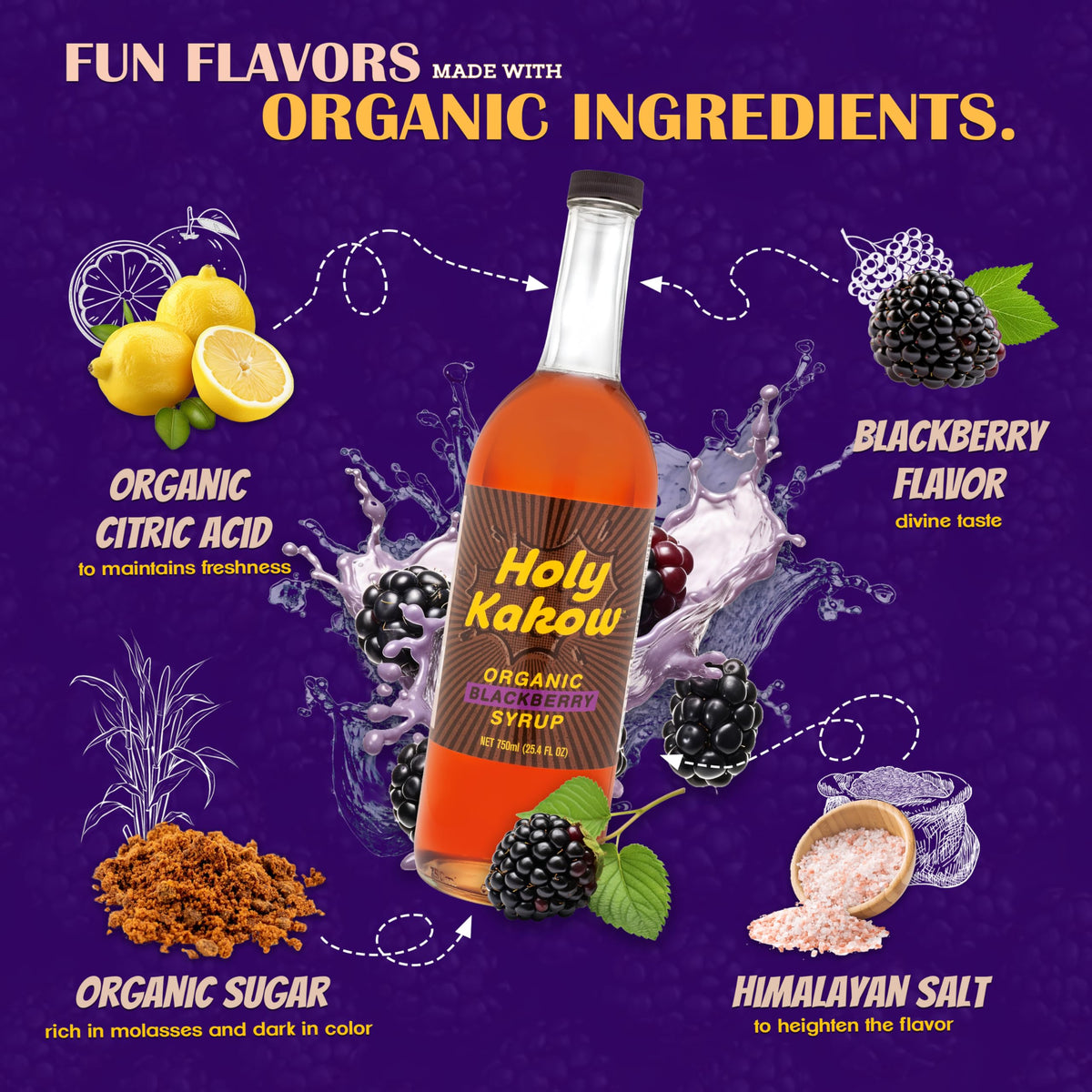 Holy Kakow Cafe Organic Blackberry Syrup - Real Food Coffee Syrup for Coffee, Latte & Cocktails, 750ml