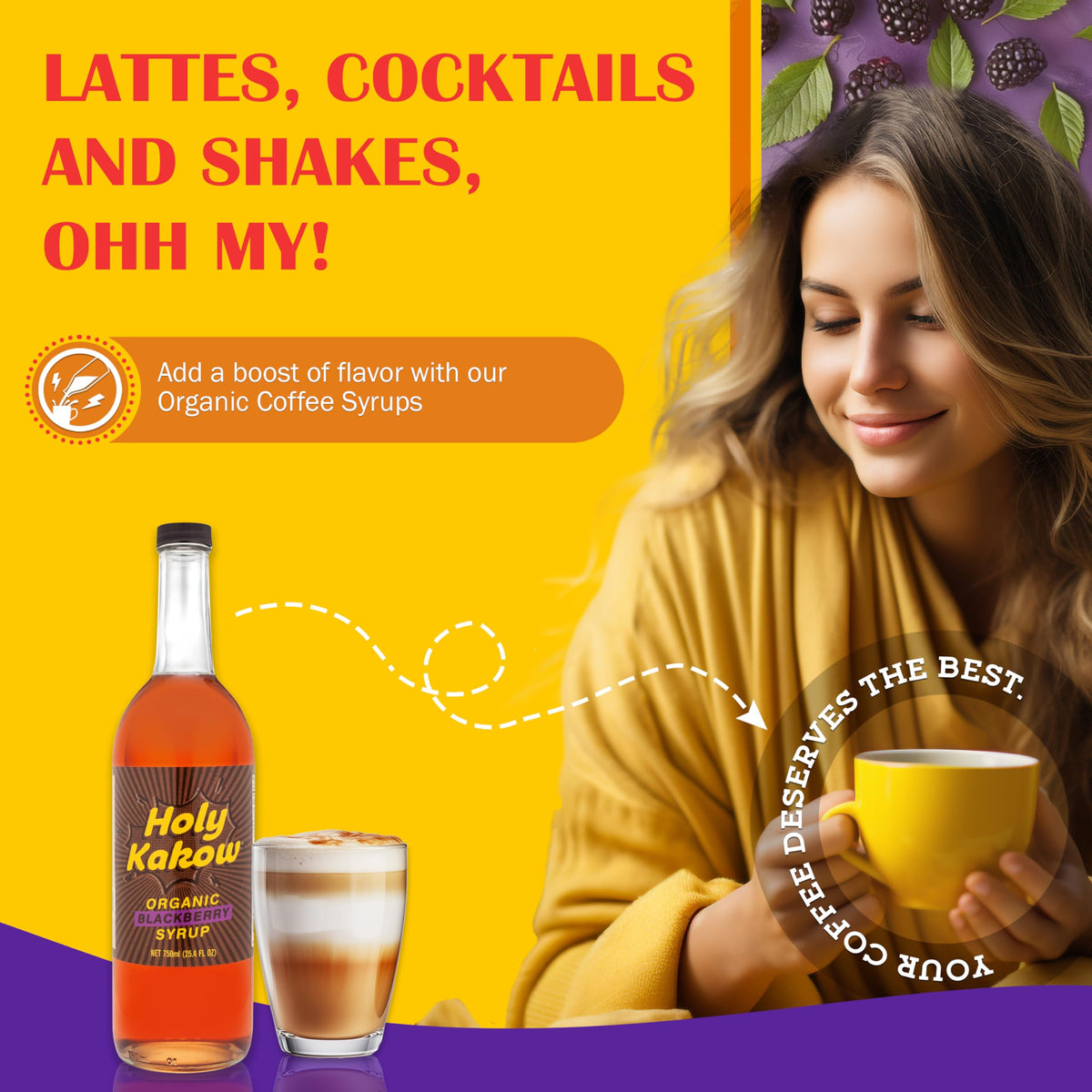 Holy Kakow Cafe Organic Blackberry Syrup - Real Food Coffee Syrup for Coffee, Latte & Cocktails, 750ml