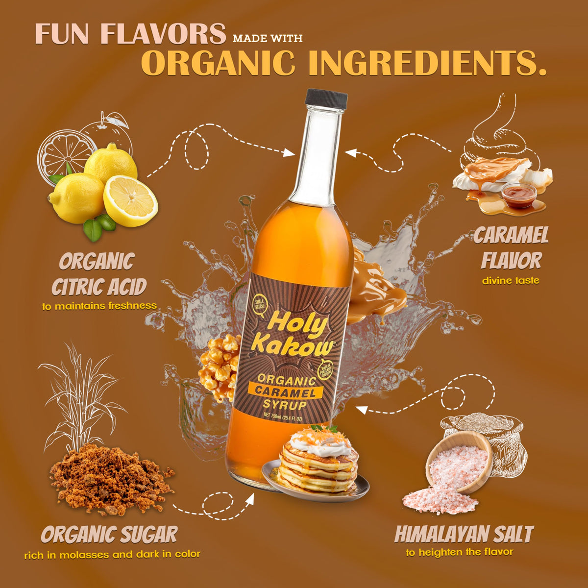 Holy Kakow Cafe Organic Caramel Syrup – Real Food Caramel Syrup for Coffee, Lattes & Cocktails (750ml)
