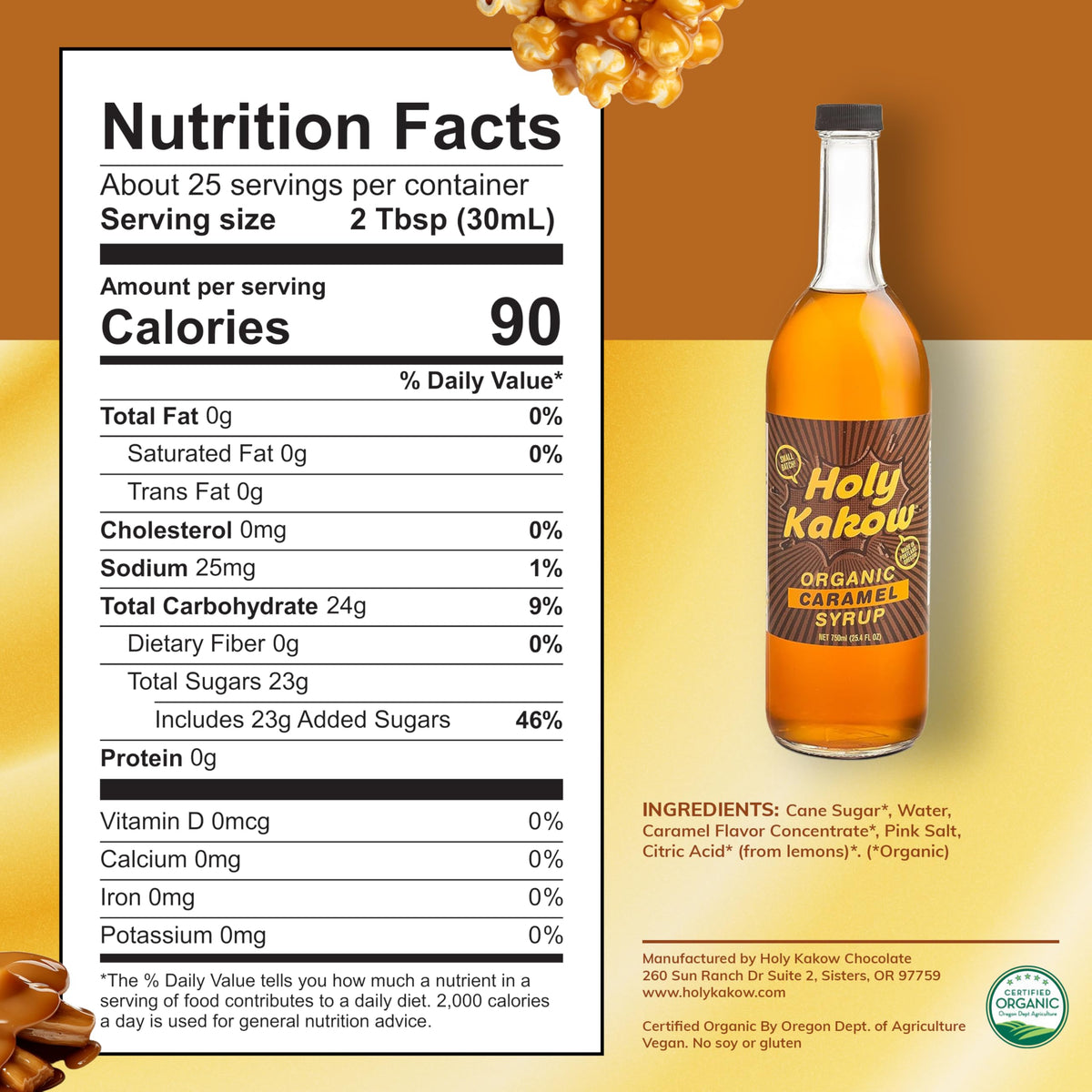 Holy Kakow Cafe Organic Caramel Syrup – Real Food Caramel Syrup for Coffee, Lattes & Cocktails (750ml)