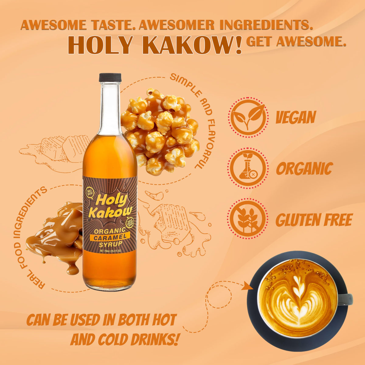 Holy Kakow Cafe Organic Caramel Syrup – Real Food Caramel Syrup for Coffee, Lattes & Cocktails (750ml)