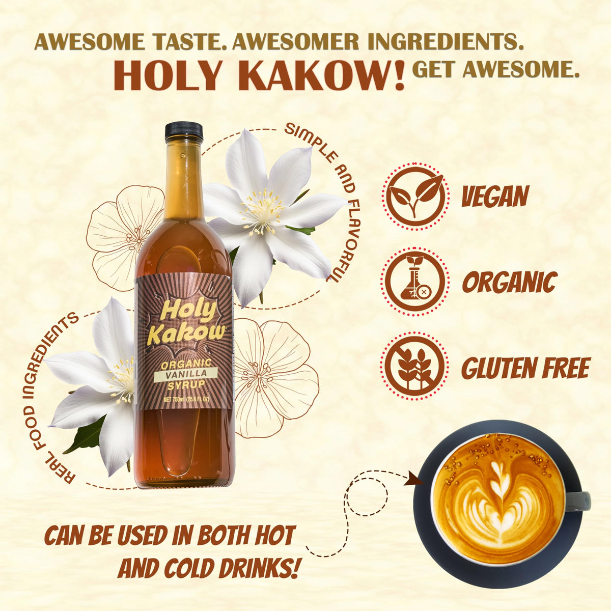 Holy Kakow Cafe Organic Vanilla Syrup - Vanilla Syrup for Coffee & Latte (750ml)
