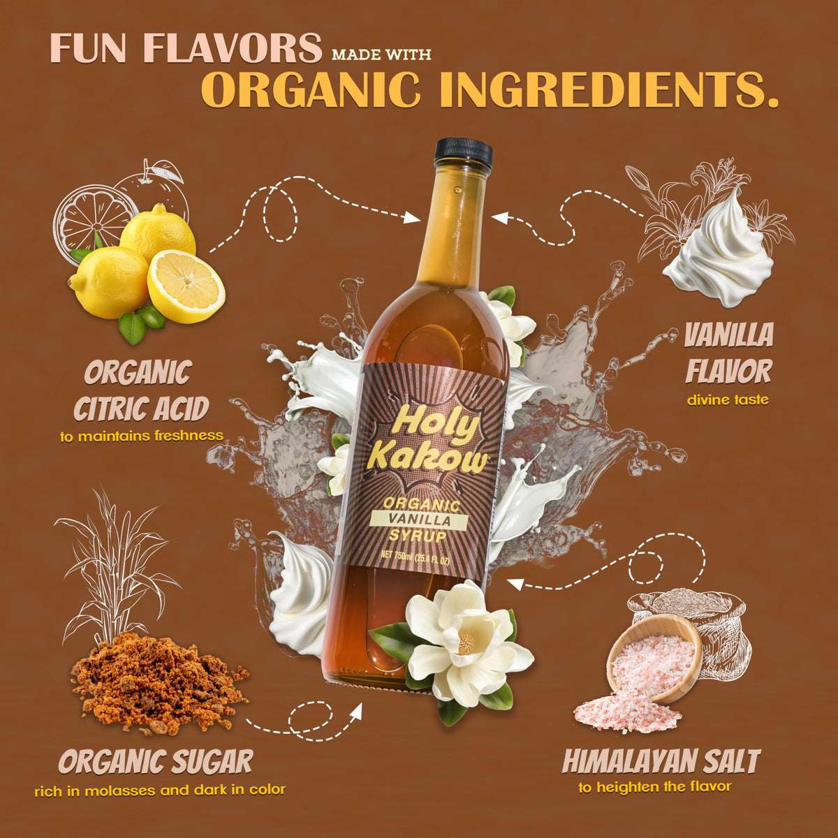 Holy Kakow Cafe Organic Vanilla Syrup - Vanilla Syrup for Coffee & Latte (750ml)