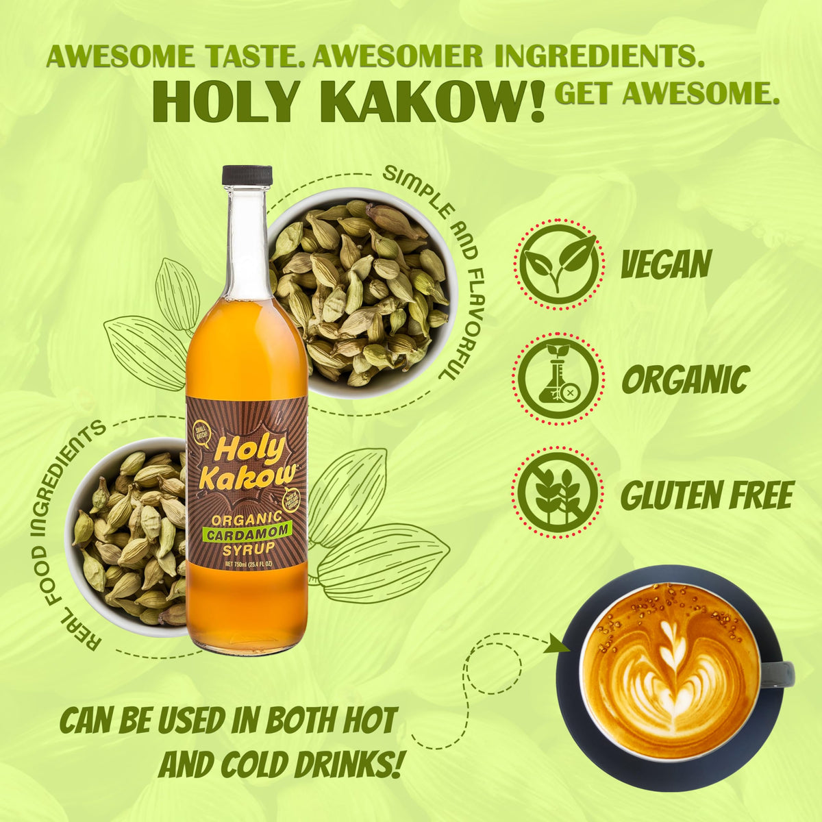 Holy Kakow Cafe Organic Cardamom Syrup – Real Food Cardamom Syrup for Coffee, Lattes & Cocktails | 750ml