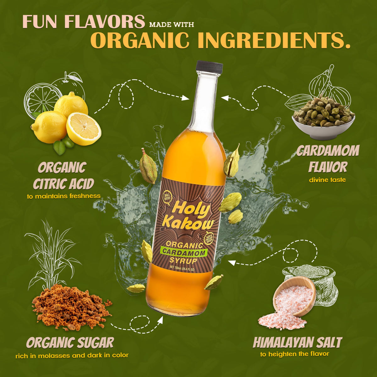 Holy Kakow Cafe Organic Cardamom Syrup – Real Food Cardamom Syrup for Coffee, Lattes & Cocktails | 750ml