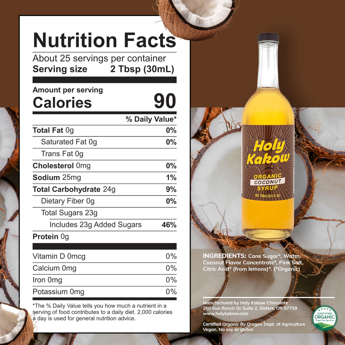 Holy Kakow Cafe Organic Coconut Syrup - Real Food Ingredients, 750ml for Coffee, Latte and Cocktails