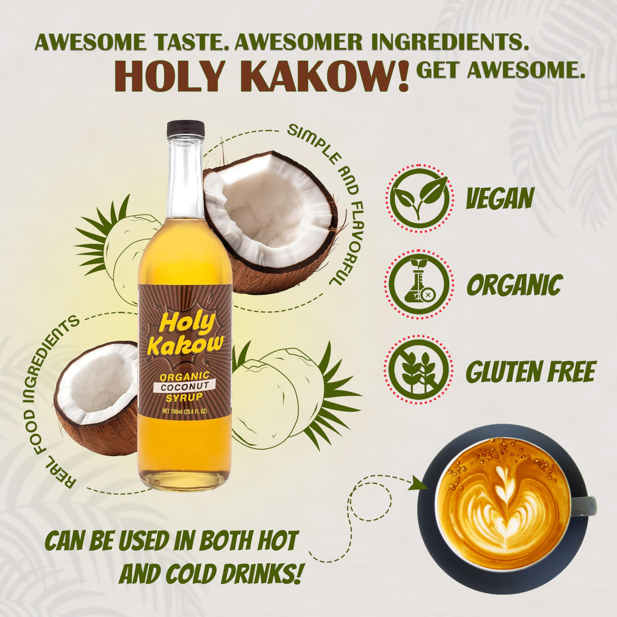 Holy Kakow Cafe Organic Coconut Syrup - Real Food Ingredients, 750ml for Coffee, Latte and Cocktails