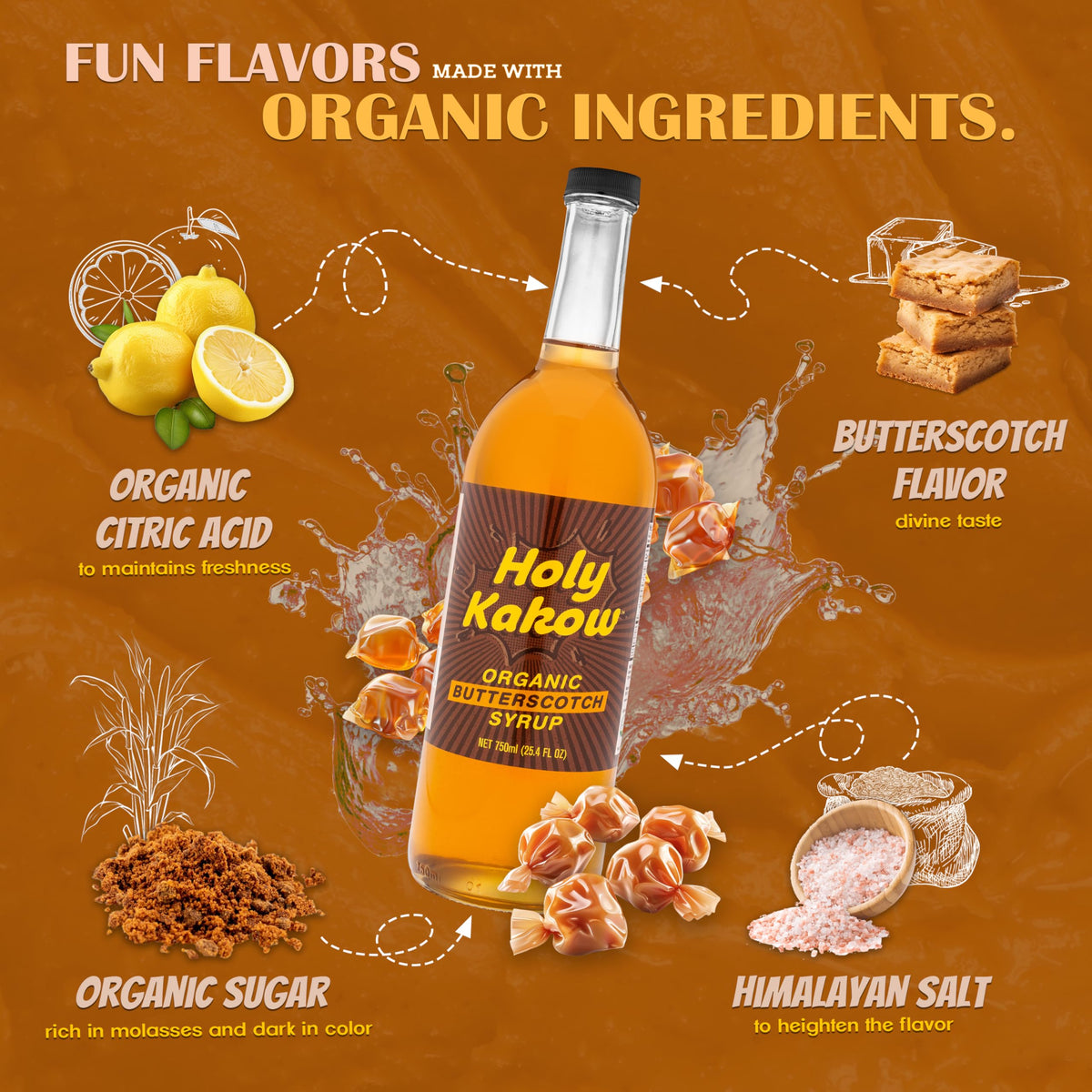 Holy Kakow Organic Butterscotch Syrup - Coffee Syrup, All-Natural, Non-GMO, 750 ml